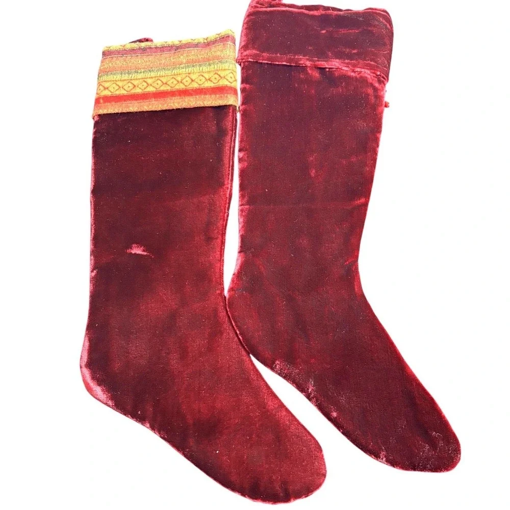 World Market Set‎ of 2 Boho Burgundy Velvet Tapestry Beaded Christmas Stockings